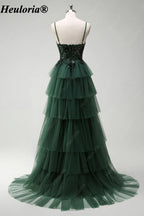 HEULORIA Dark Green Sequin Lace Tiered Tulle Prom Dress ED-576
