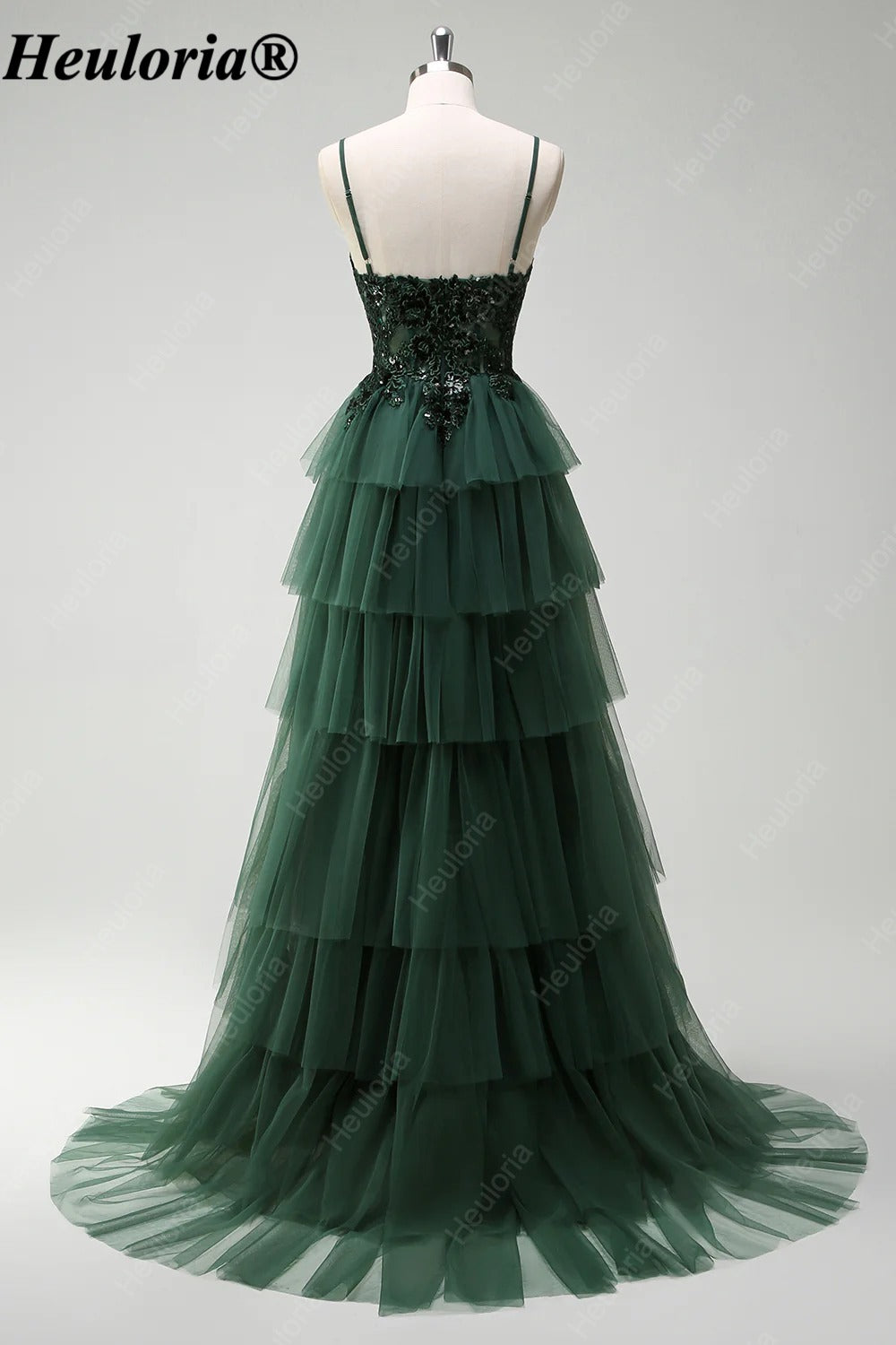 HEULORIA Dark Green Sequin Lace Tiered Tulle Prom Dress ED-576