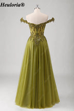 HEULORIA Olive Green Off-Shoulder Sequin Lace Tulle Prom Dress ED-574