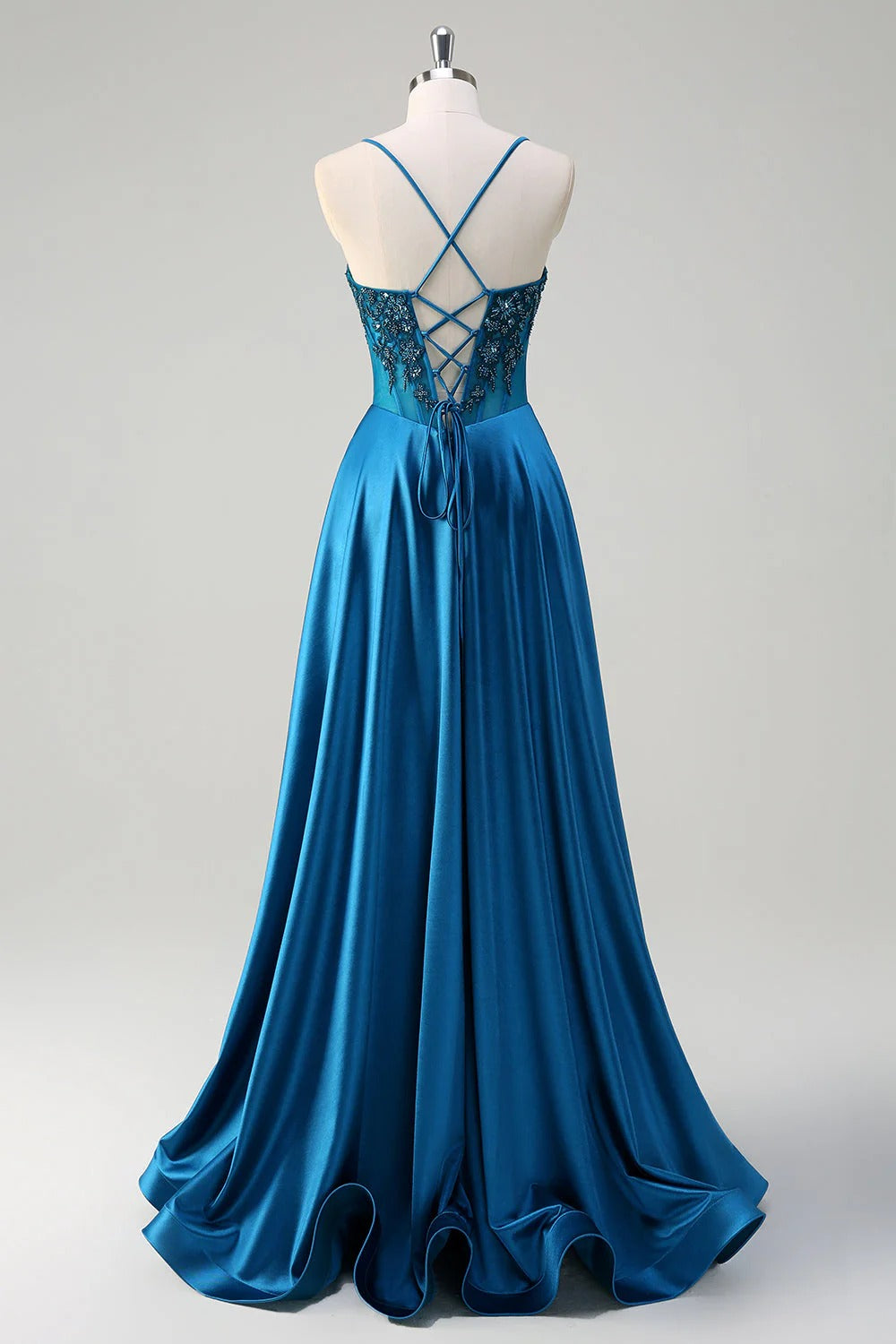 HEULORIA Luxurious Peacock Blue Beaded Evening Gown: Illusion Corset Bodice A-Line Satin Prom Dress with Lace-up Back ED-370