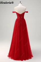 HEULORIA Red Off-the-Shoulder Lace Corset A-Line Tulle Prom Dress ED-351