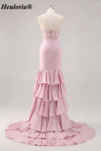 Blush Pink Strapless Lace Corset Tiered Mermaid Prom Dress with Slit ED-251