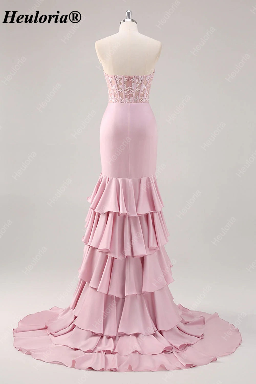 Blush Pink Strapless Lace Corset Tiered Mermaid Prom Dress with Slit ED-251