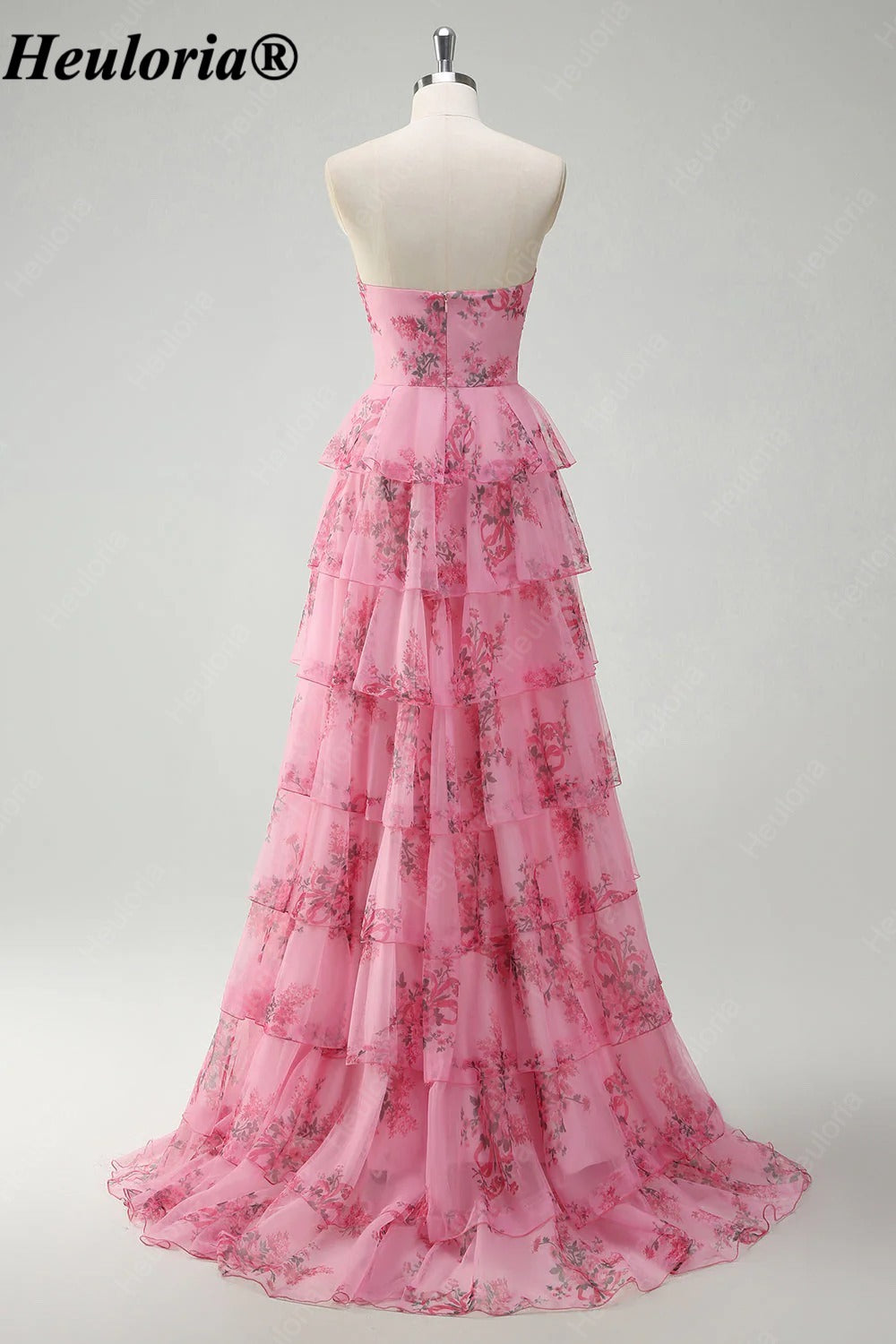 HEULORIA Blush Floral Strapless Tiered A-Line Prom Dress with Rosette ED-347