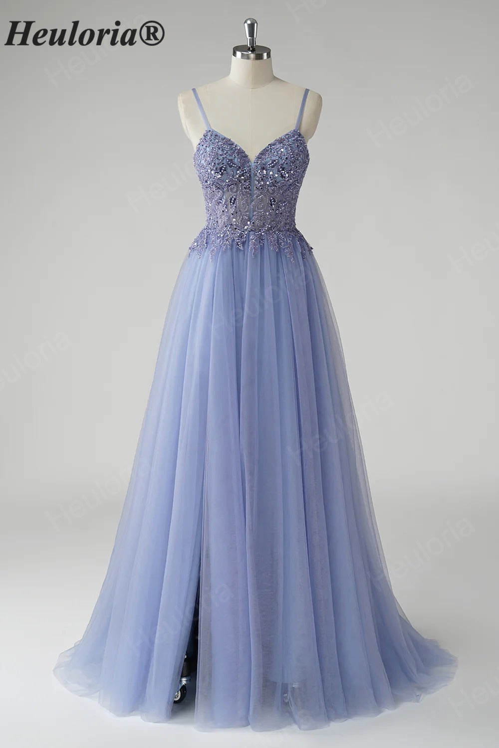 Heuloria Ethereal Beaded Lace Tulle A-Line Prom Dress with Spaghetti Straps and Illusion Bodice ED-503