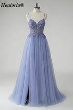 Heuloria Ethereal Beaded Lace Tulle A-Line Prom Dress with Spaghetti Straps and Illusion Bodice ED-503