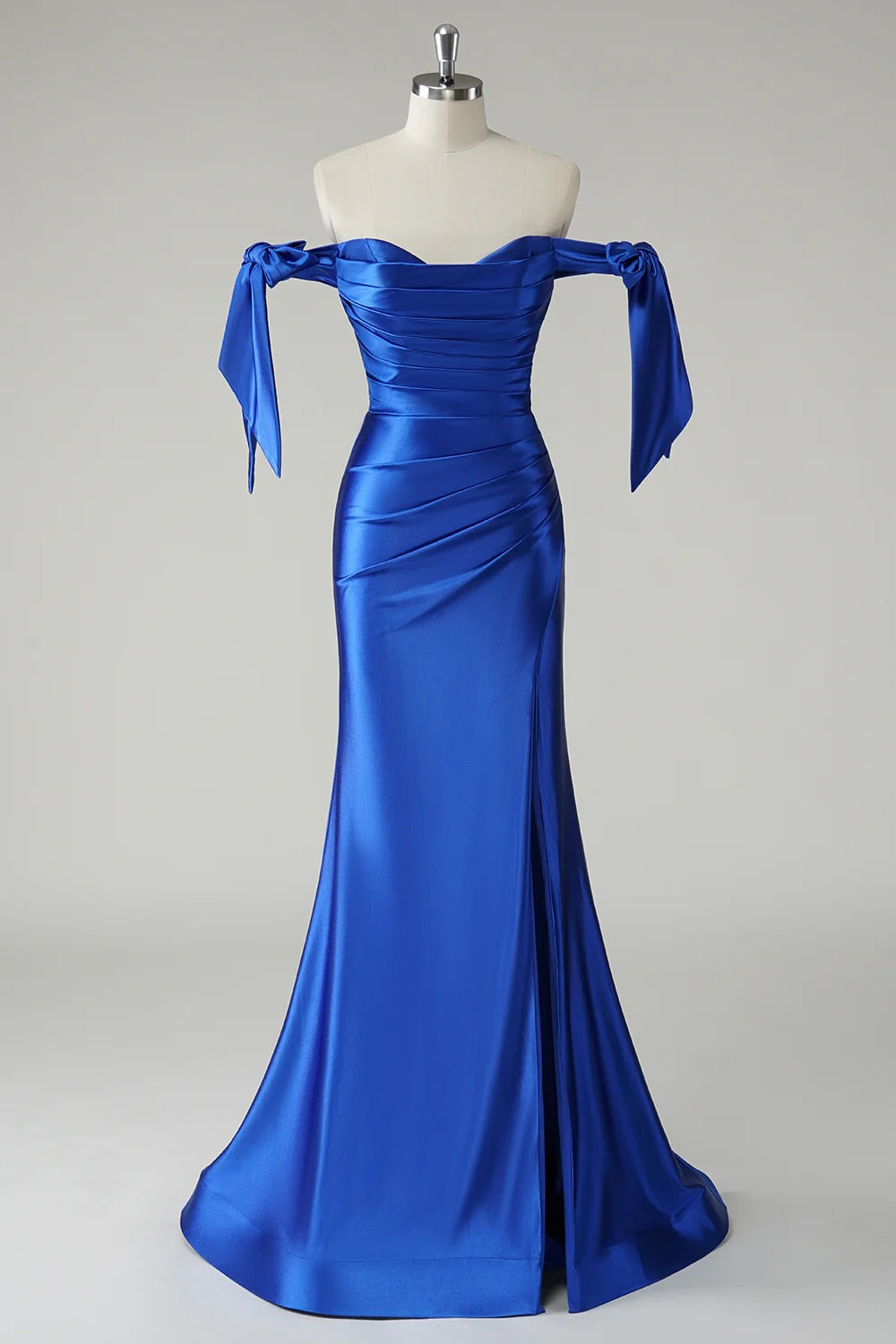 HEULORIA Elegant Royal Blue Off-the-Shoulder Satin Mermaid Evening Dress with High Slit and Bow Knots ED-504