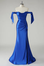 HEULORIA Elegant Royal Blue Off-the-Shoulder Satin Mermaid Evening Dress with High Slit and Bow Knots ED-504