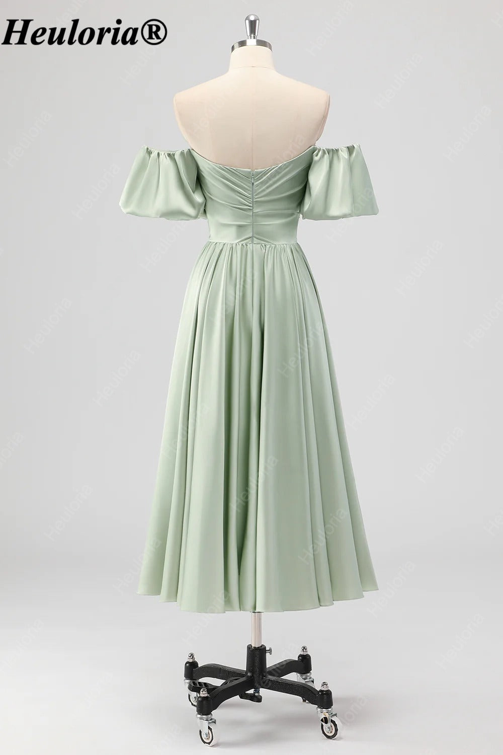 HEULORIA Sage Green Off-Shoulder Satin Tea-Length Bridesmaid Dress ED-541