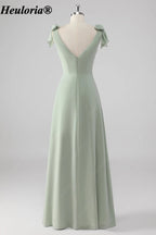 heuloria Sage Green V-Neck Bridesmaid Dress with Bow Shoulders and Slit ed-531