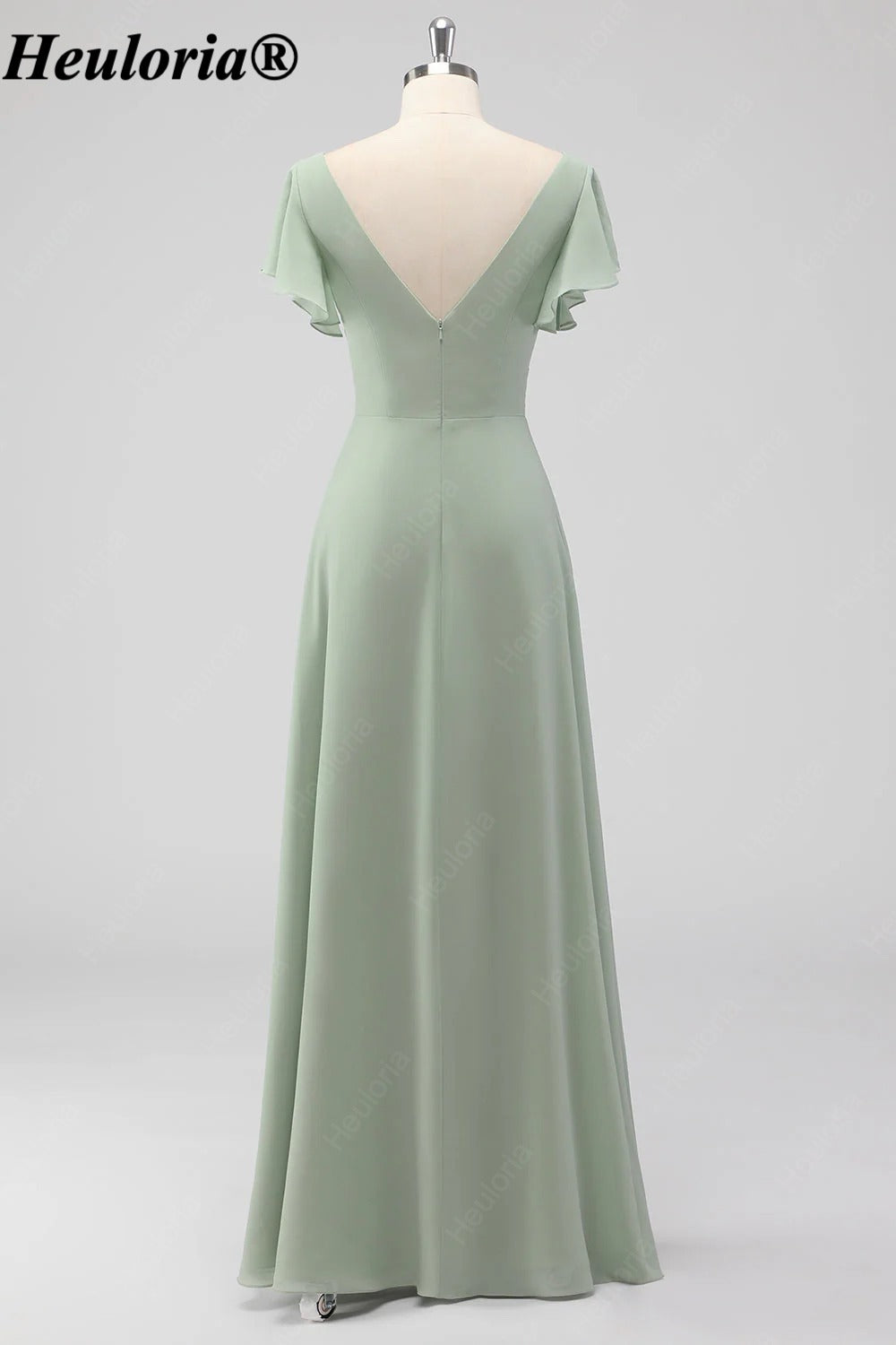 heuloria Sage Green V-Neck Flutter Sleeve Bridesmaid Dress with Draped Skirt ed-530