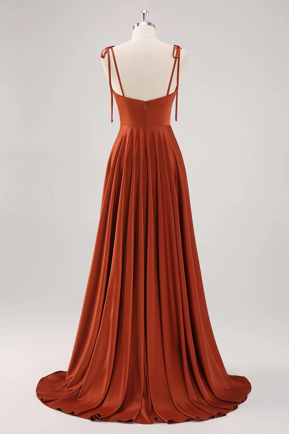 HEULORIA Rust Satin Cowl Sweetheart Maxi Dress with Tie-Shoulder Straps and Side Slit ED-249