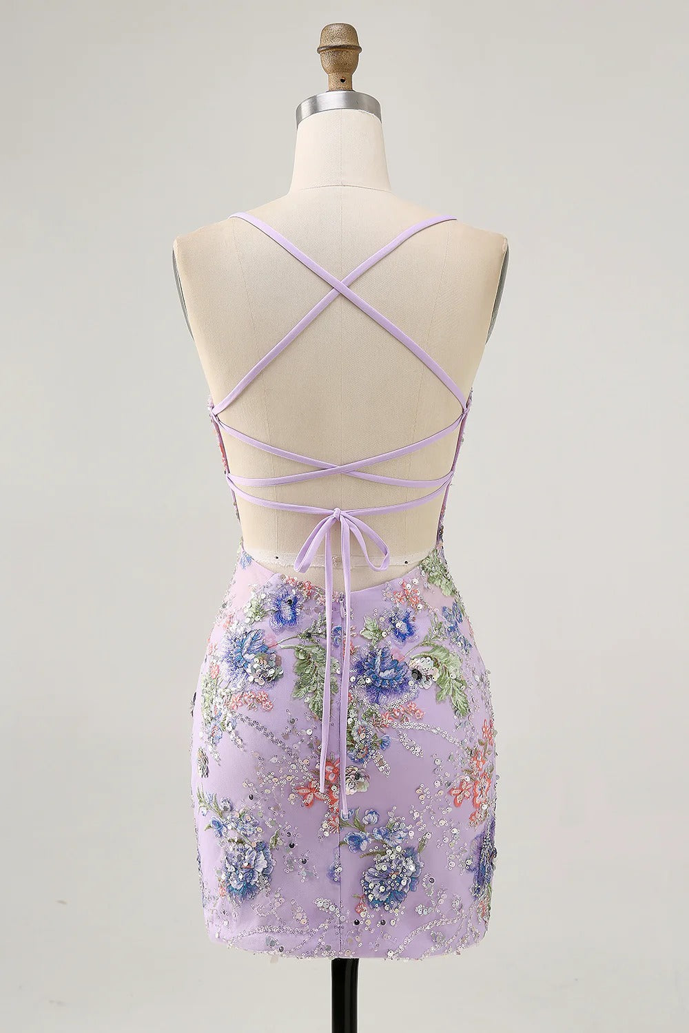HEULORIA Floral Embroidered Sequin Bodycon Mini Dress with Sheer Mesh Cut-outs and Lace-Up Back ED-597