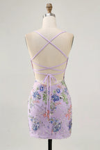 HEULORIA Floral Embroidered Sequin Bodycon Mini Dress with Sheer Mesh Cut-outs and Lace-Up Back ED-597