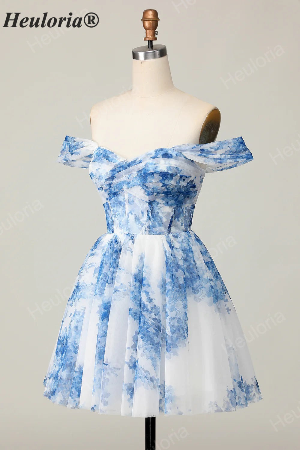 HEULORIA French Chic Blue and White Floral Tulle Mini Party Dress - Convertible Off-the-Shoulder A-Line Cocktail Gown ED-656