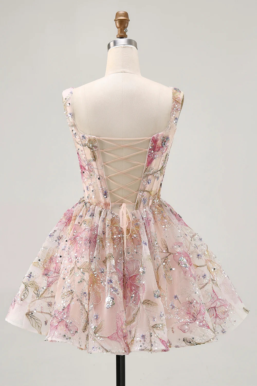 HEULORIA Sparkly Floral Embroidered Mini Homecoming Dress with Corset Bodice and Lace-up Back ED-598