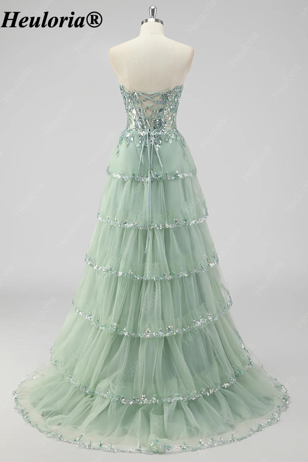 HEULORIA Sequin Lace Tiered Tulle Prom Dress with Spaghetti Straps ED-577