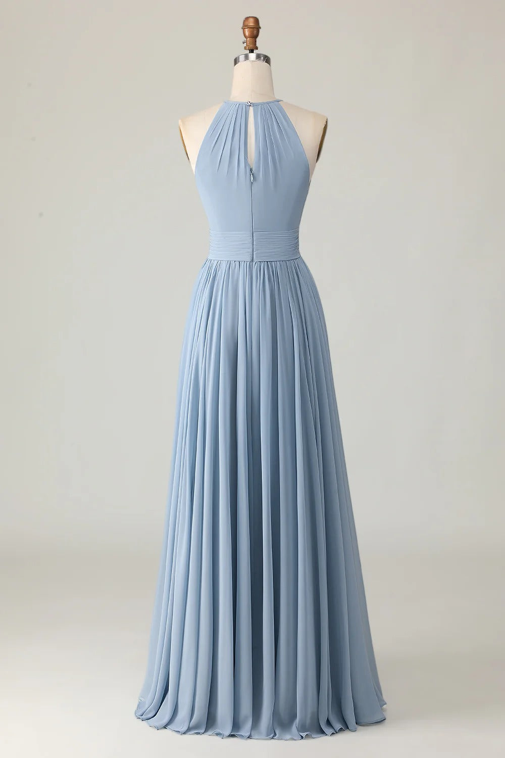 HEULORIA Dusty Blue Halter Keyhole Pleated Chiffon Bridesmaid Dress - Floor Length ED-246