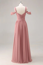 HEULORIA Elegant Dusty Rose Cold-Shoulder Chiffon Bridesmaid Dress with Criss-Cross Ruched Bodice and Side Slit ED-258
