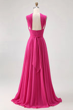 HEULORIA Fuchsia Pleated Chiffon Bridesmaid Dress with Matching Scarf & Side Slit ED-257