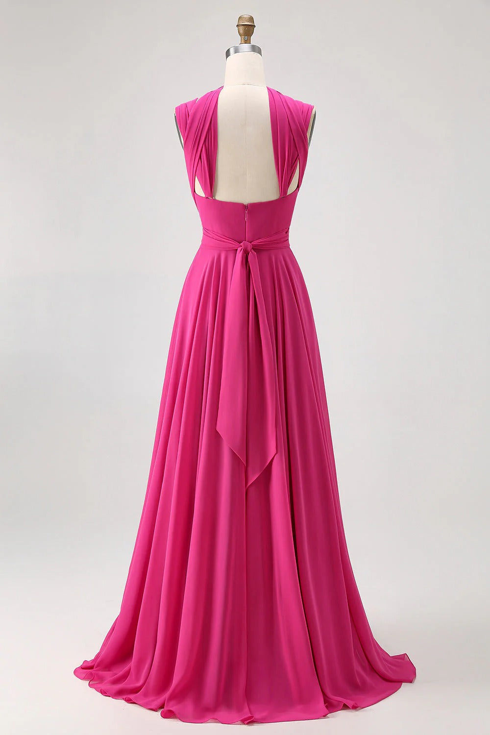 HEULORIA Fuchsia Pleated Chiffon Bridesmaid Dress with Matching Scarf & Side Slit ED-257