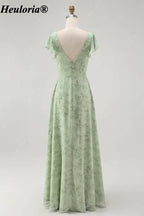 heuloria-Floral V-Neck Flutter Sleeve Bridesmaid Dress with Ruffle Slit-ed-564