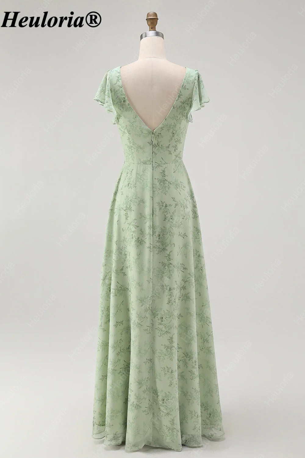 heuloria-Floral V-Neck Flutter Sleeve Bridesmaid Dress with Ruffle Slit-ed-564