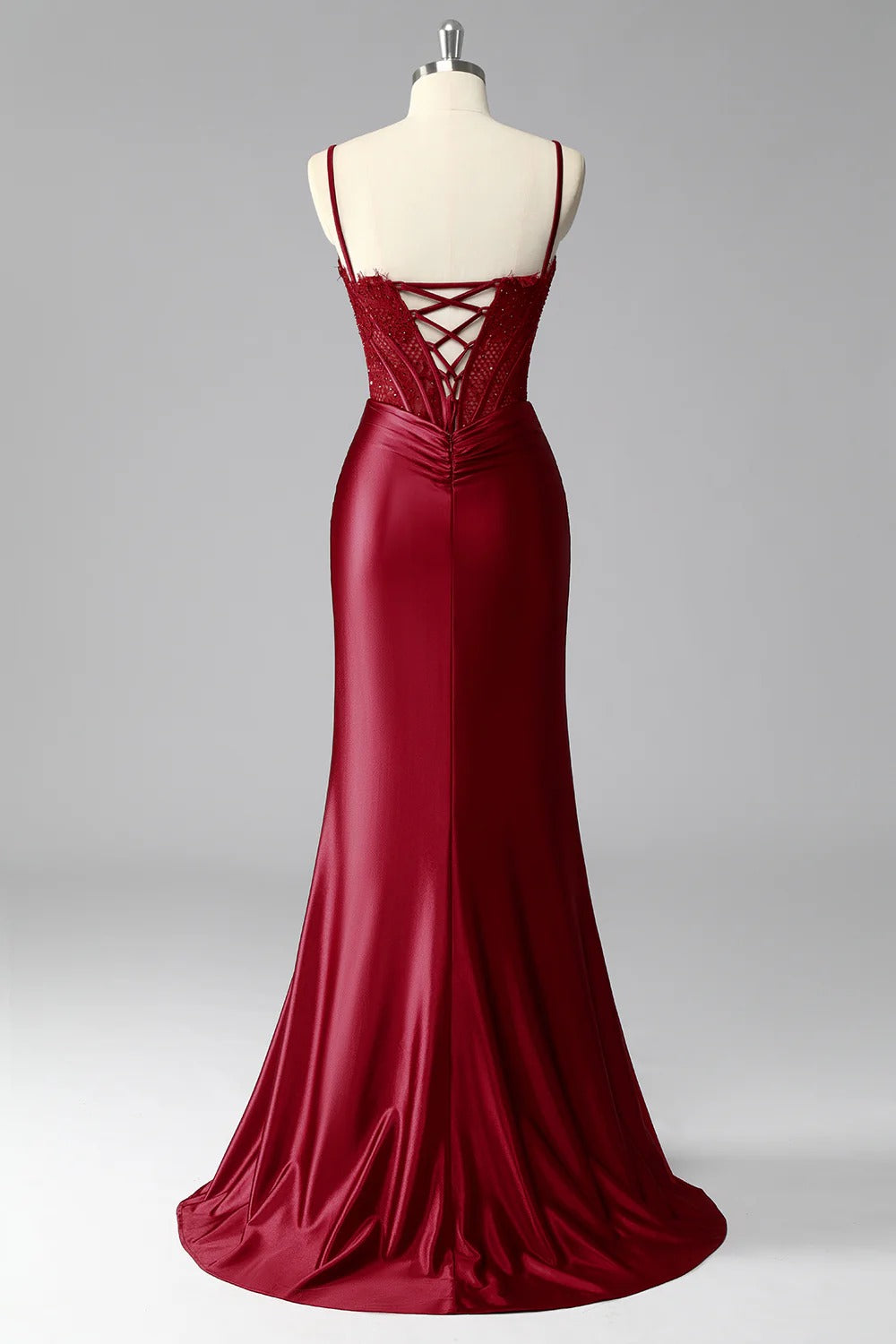 HEULORIA Elegant Burgundy Satin Mermaid Evening Dress with Beaded Corset Bodice and Lace-Up Back ED-578