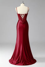 HEULORIA Elegant Burgundy Satin Mermaid Evening Dress with Beaded Corset Bodice and Lace-Up Back ED-578