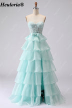 heuloria Strapless Lace Tiered Ruffle Prom Dress with Bow Waist ed-514