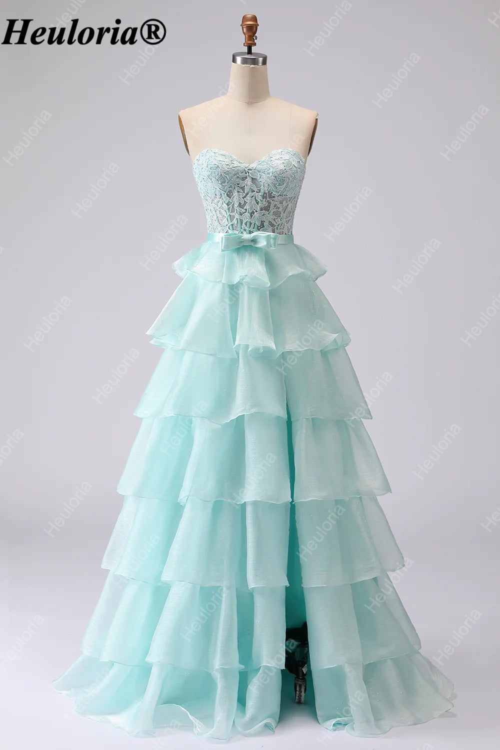 heuloria Strapless Lace Tiered Ruffle Prom Dress with Bow Waist ed-514