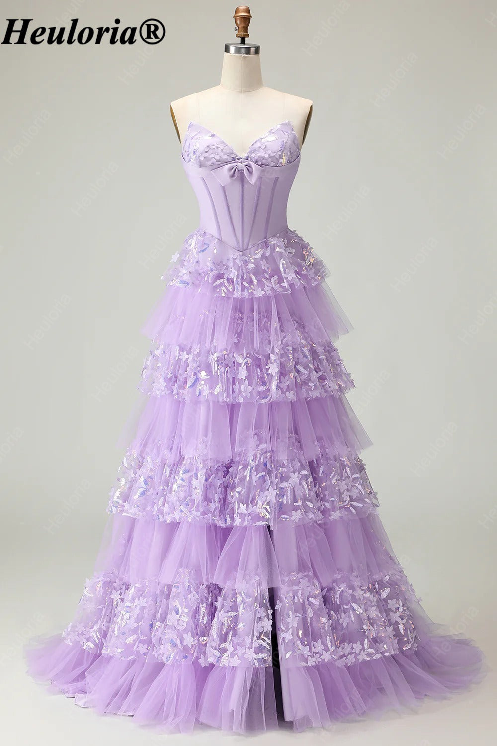 heuloria Strapless Floral Tiered Tulle Corset Prom Dress with Bow ed-507