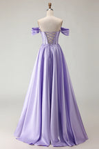 HEULORIA Off-the-Shoulder Sequin Beaded Satin Prom Dress with Slit & Corset Back ED-586