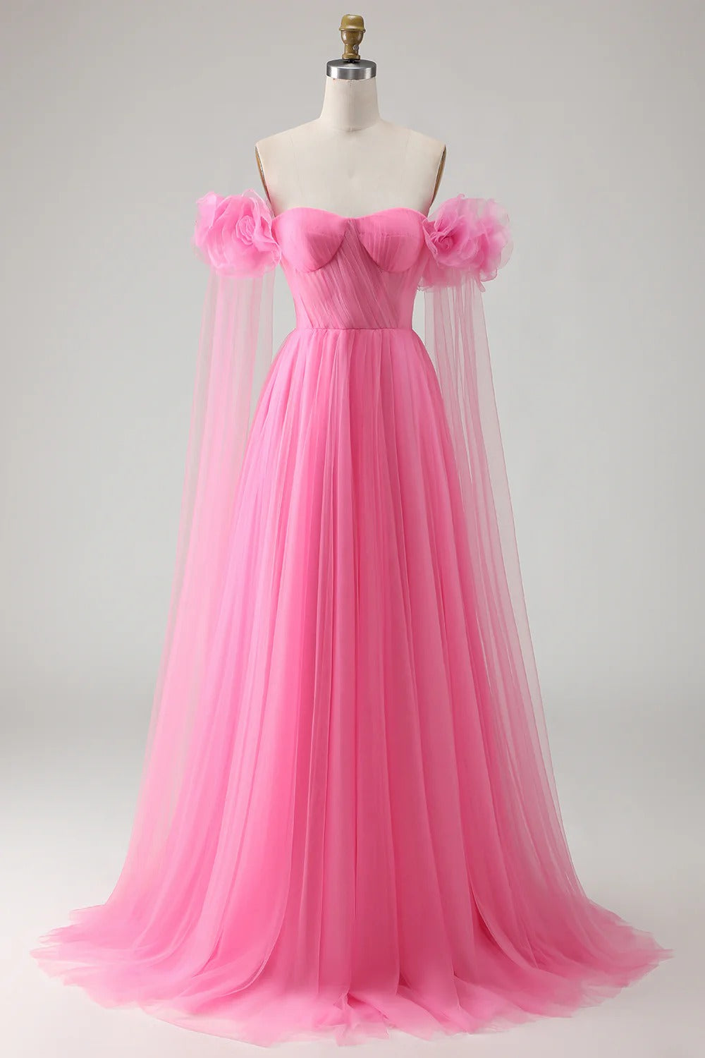 Heuloria Romantic Off-the-Shoulder Pink Tulle Prom Dress with 3D Floral Sleeves & Ruched Bodice ED-512