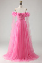 Heuloria Romantic Off-the-Shoulder Pink Tulle Prom Dress with 3D Floral Sleeves & Ruched Bodice ED-512