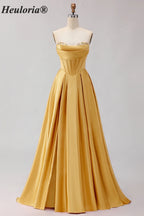 HEULORIA Strapless Golden Satin Ball Gown with Beaded Corset Bodice and Pleated Skirt ED-516