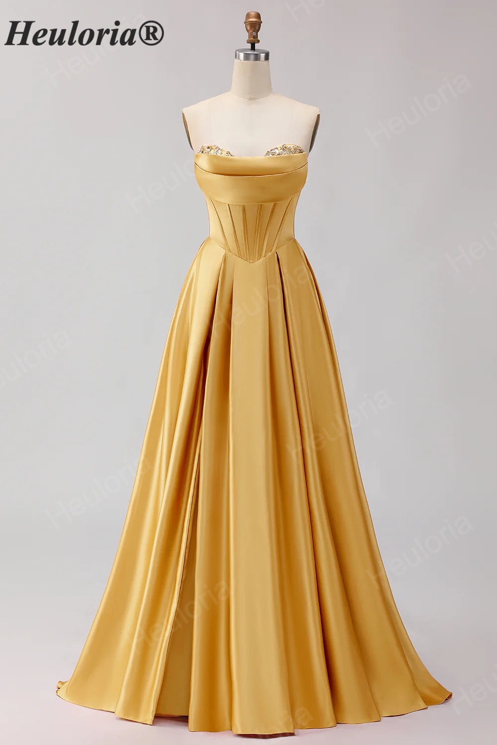 HEULORIA Strapless Golden Satin Ball Gown with Beaded Corset Bodice and Pleated Skirt ED-516