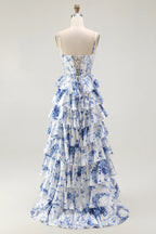 Heuloria Blue & White Floral Tiered Ruffle Maxi Dress - Elegant Spaghetti Strap Corset Prom Gown with Lace-Up Back ED-352