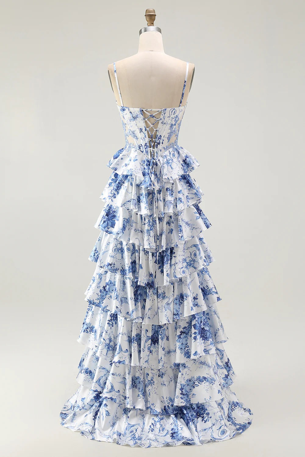 Heuloria Blue & White Floral Tiered Ruffle Maxi Dress - Elegant Spaghetti Strap Corset Prom Gown with Lace-Up Back ED-352