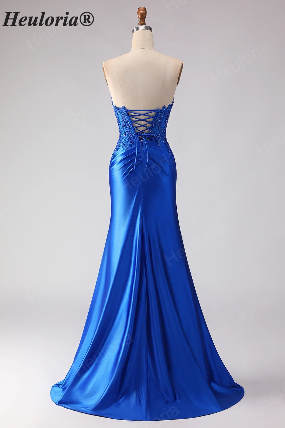 HEULORIA Royal Blue Strapless Mermaid Satin Prom Dress with Lace Appliqué & Thigh Slit ED-655
