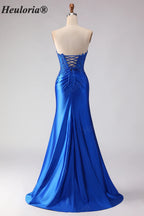 HEULORIA Royal Blue Strapless Mermaid Satin Prom Dress with Lace Appliqué & Thigh Slit ED-655