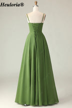 heuloria-Olive Green Pleated Bridesmaid Dress with Cascading Skirt-ed-534