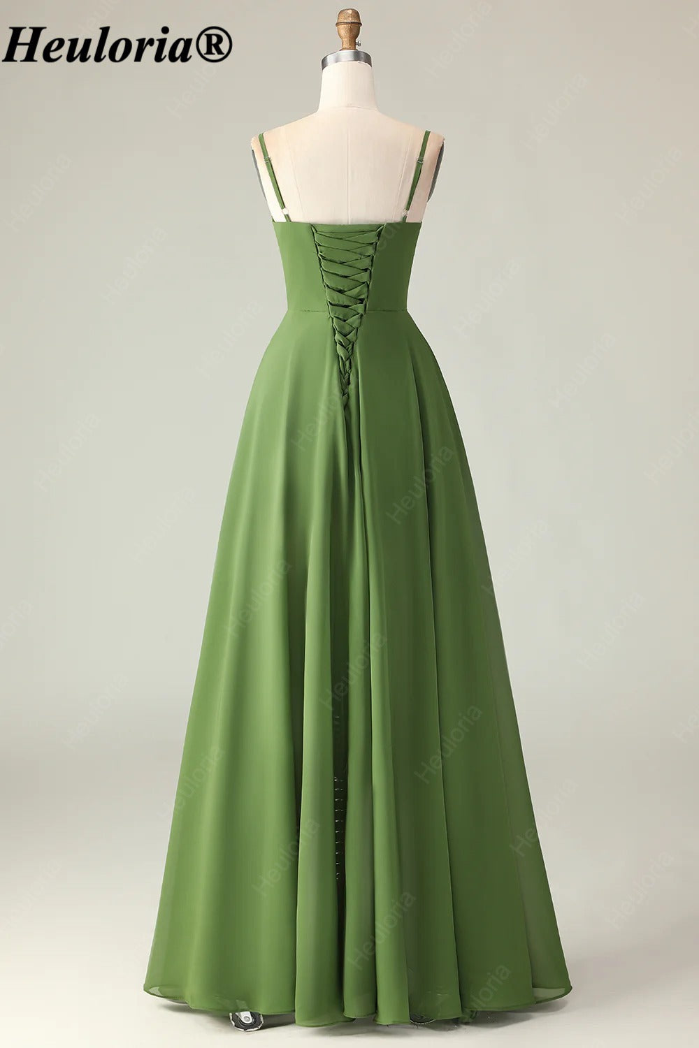 heuloria-Olive Green Pleated Bridesmaid Dress with Cascading Skirt-ed-534