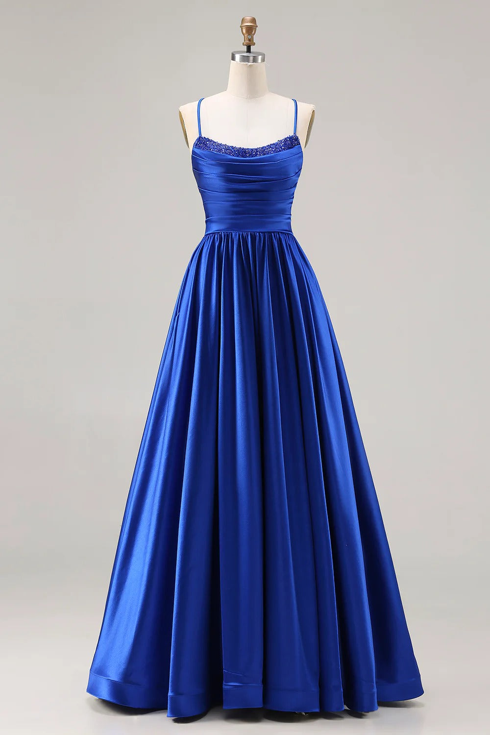 HEULORIA Royal Blue Satin A-Line Evening Dress with Beaded Neckline and Lace-up Back ED-523