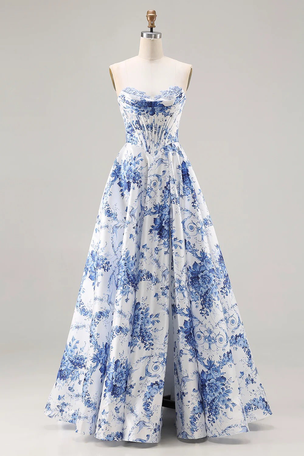 Heuloria Elegant Toile de Jouy Blue and White Porcelain Print A-Line Prom Dress with High Slit & Corset Bodice ED-513