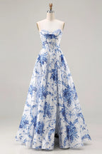 Heuloria Elegant Toile de Jouy Blue and White Porcelain Print A-Line Prom Dress with High Slit & Corset Bodice ED-513