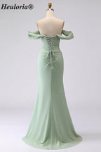 HEULORIA Elegant Off-The-Shoulder Ruched Sage Green Chiffon Mermaid Bridesmaid Dress with Lace-Up Back ED-654