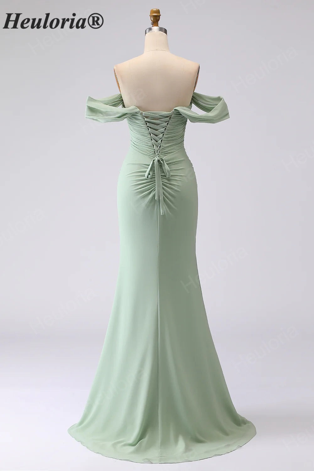 HEULORIA Elegant Off-The-Shoulder Ruched Sage Green Chiffon Mermaid Bridesmaid Dress with Lace-Up Back ED-654