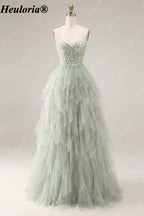heuloria Dusty Green Floral Corset Tulle Prom Dress with Cascading Ruffles ed-518