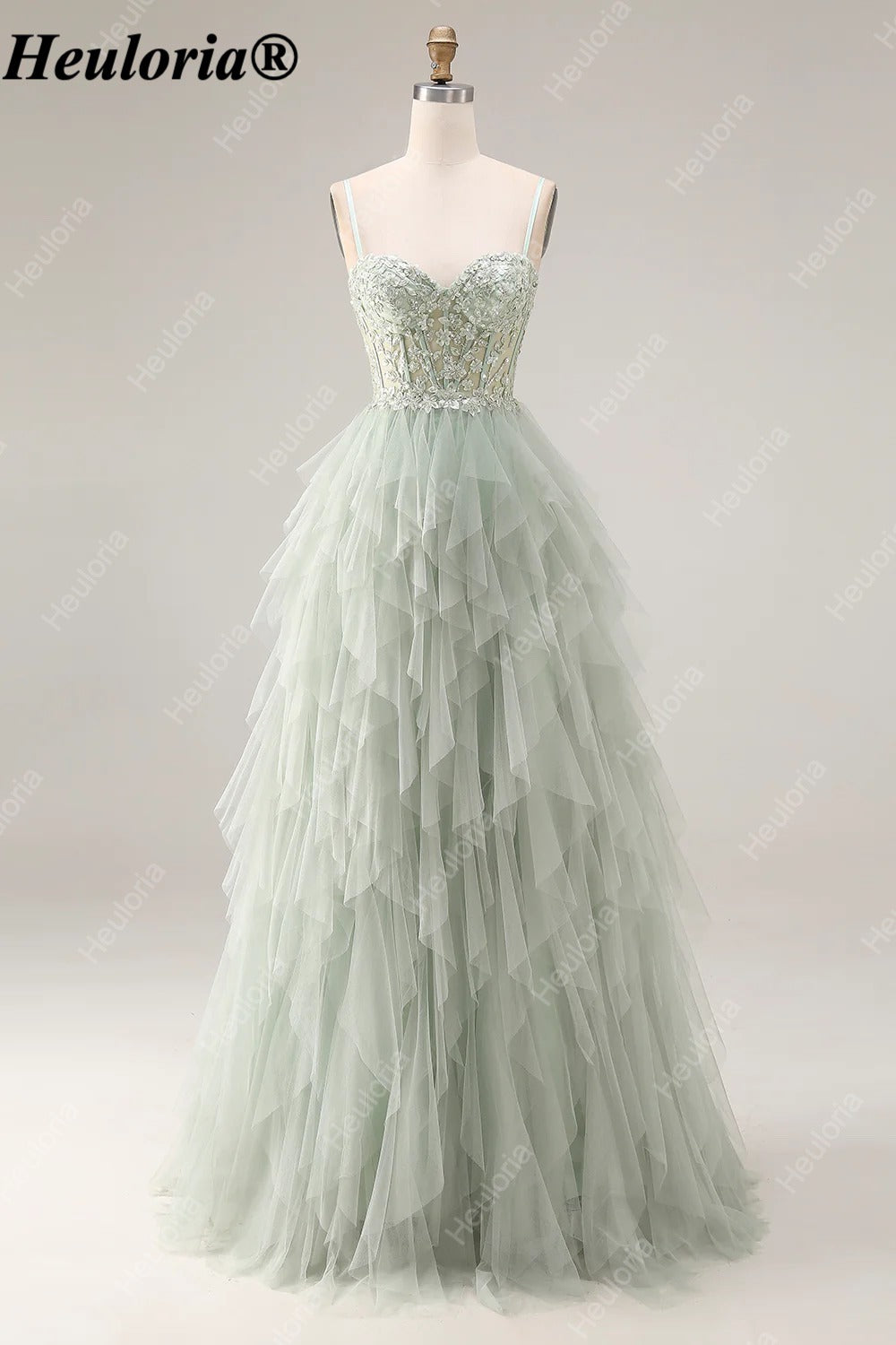 heuloria Dusty Green Floral Corset Tulle Prom Dress with Cascading Ruffles ed-518
